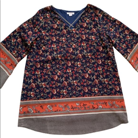 Love Richie Dress Tunic Navy Orange Mixed Floral Print Wide Sleeve Plus Size 1X - Picture 7 of 14